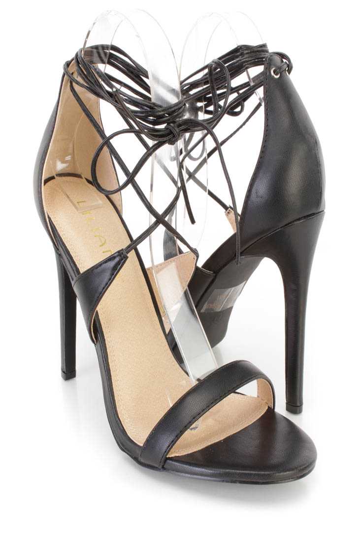 Black Lace Up Open Toe Single Sole High Heels Faux Leather