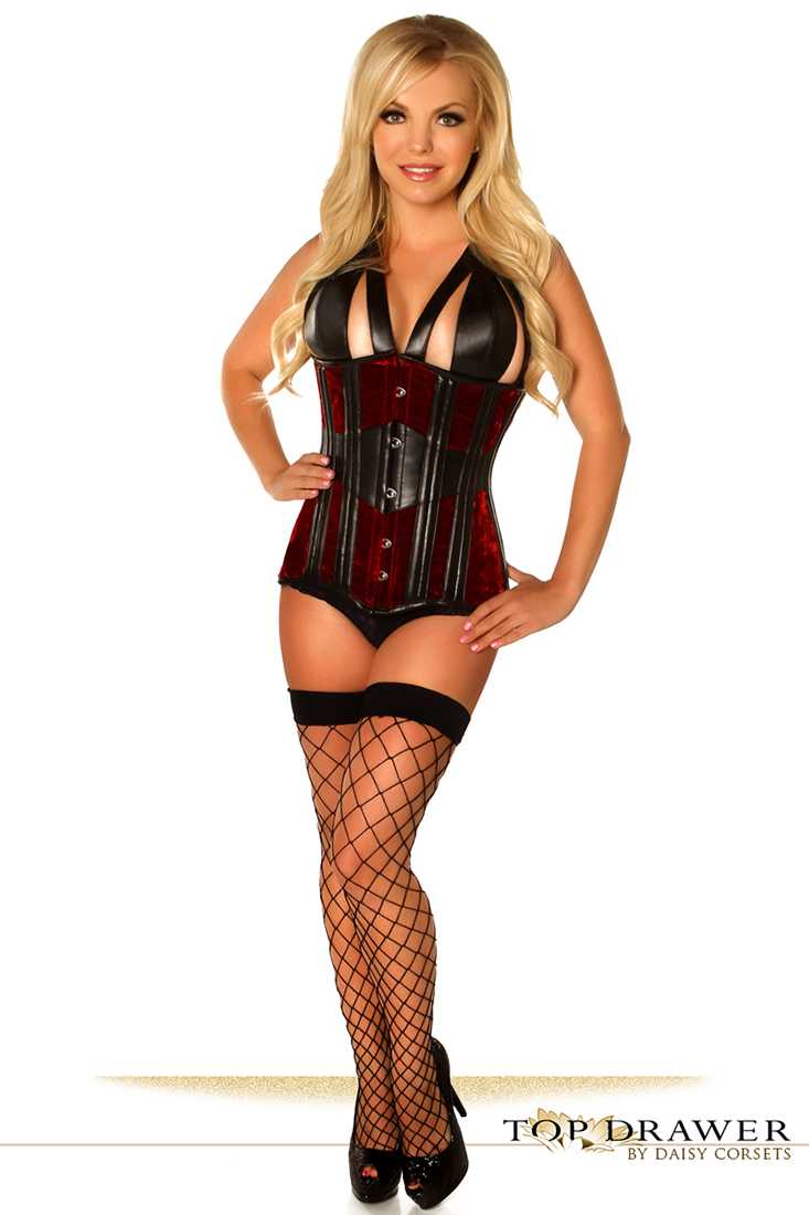 Red Top Drawer Velvet Steel Boned Under-bust Corset