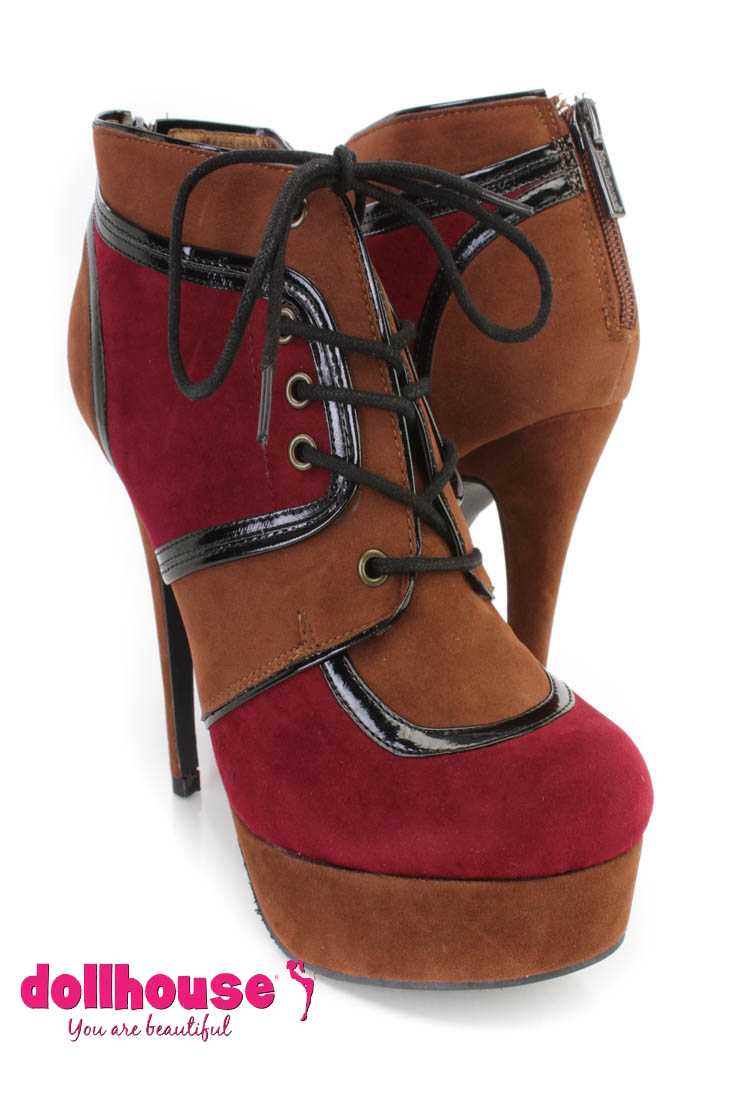 Wine Lace Up Colorblock Ankle Booties Faux Suede