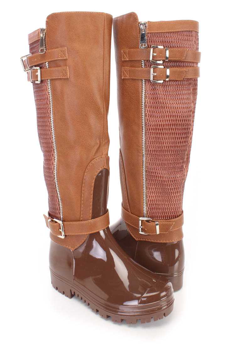 Tan Strappy PVC Rain Riding Boots Faux Leather