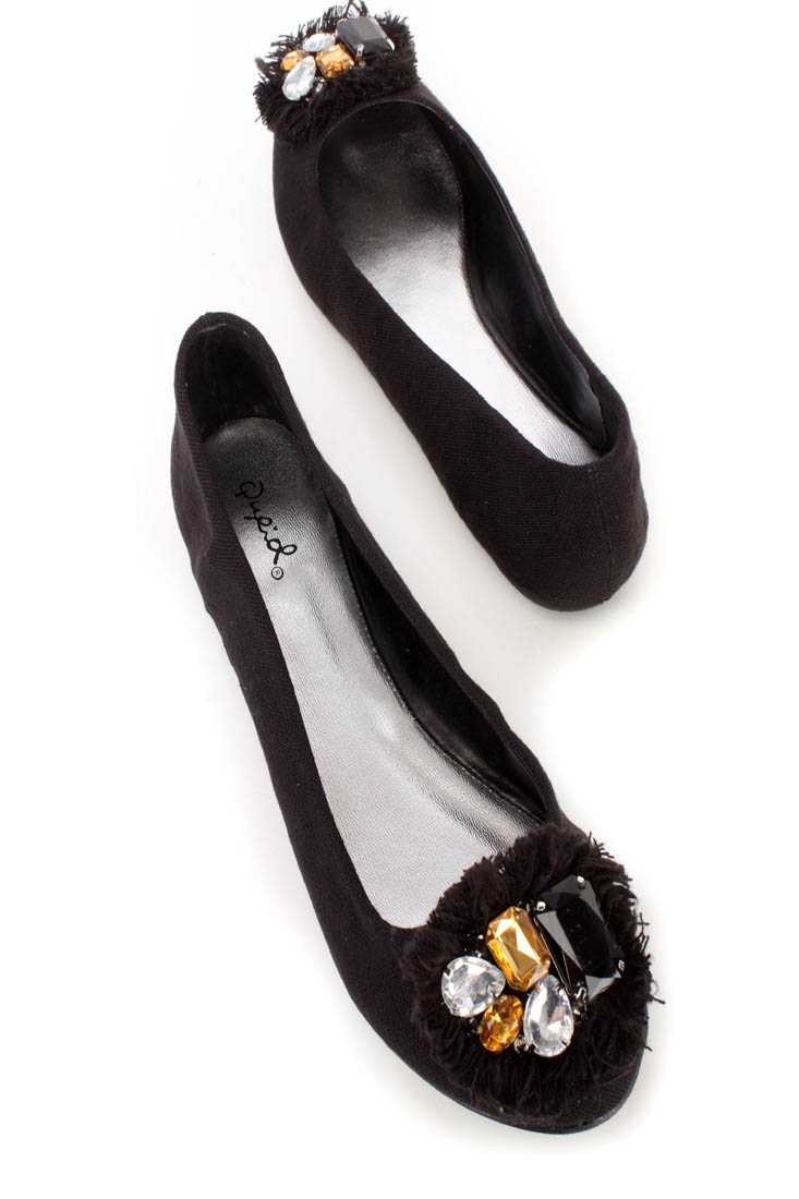 Black Gemstone Fringed Design Round Toe Bllaet Flats Lining
