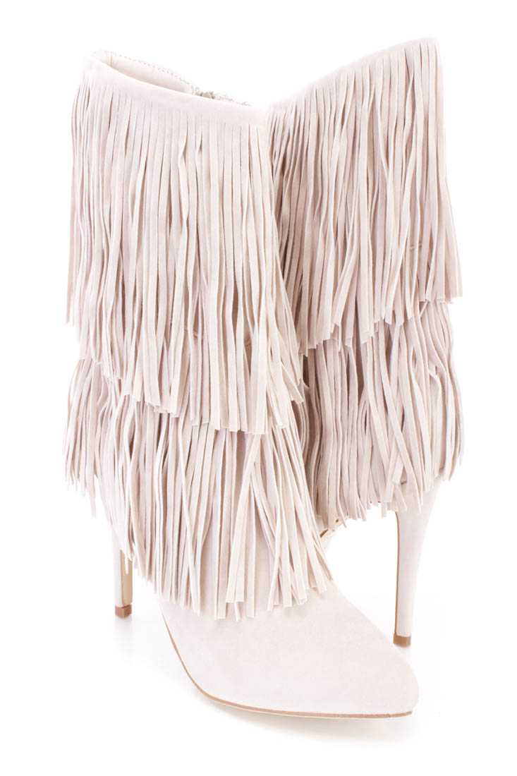 Sand Fringe Tiered Ankle Booties Faux Suede