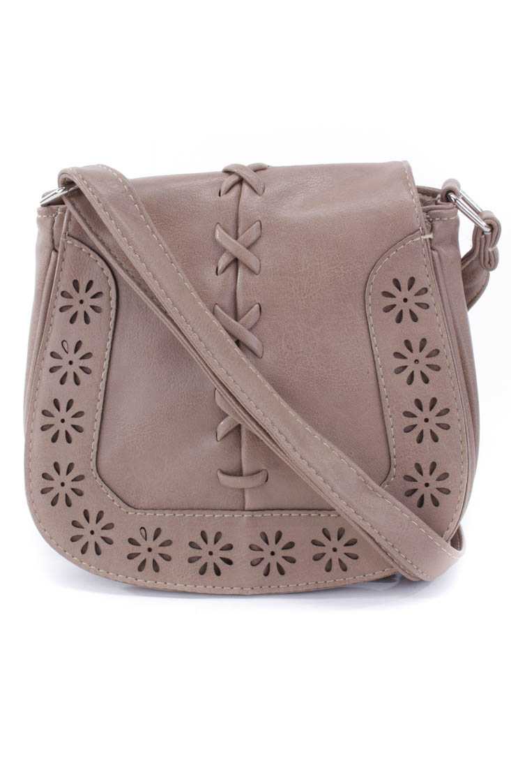 Taupe Perforated Floral Accent Faux Leather Saddle Handbag