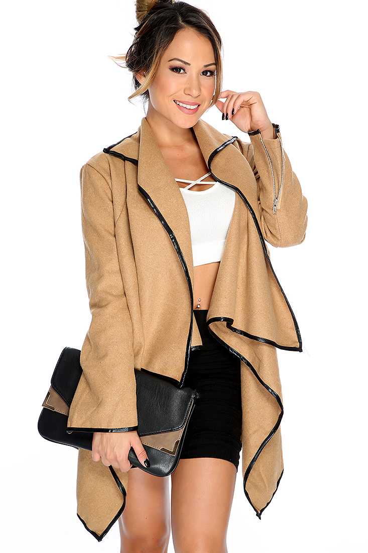 Camel Asymmetrical Hem Long Sleeves Outerwear