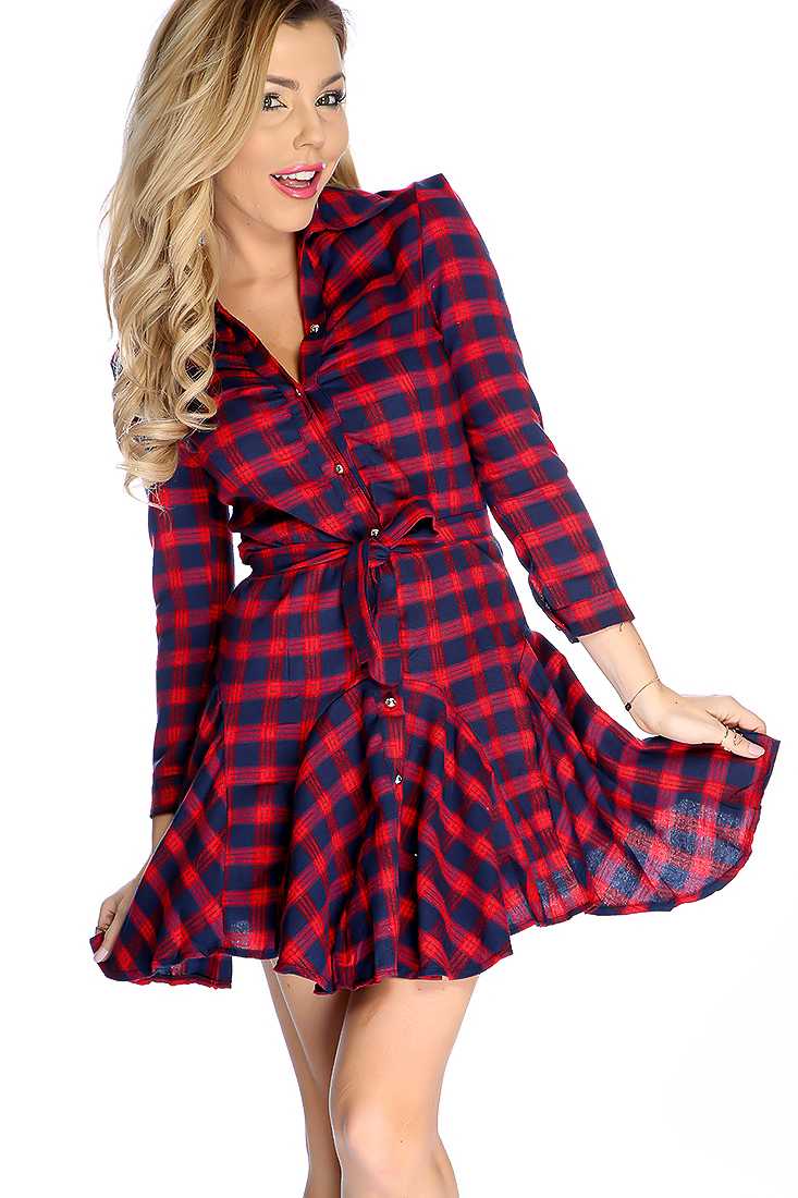 Navy Red Sexy Checkered Button Up Front Long Sleeve Dress