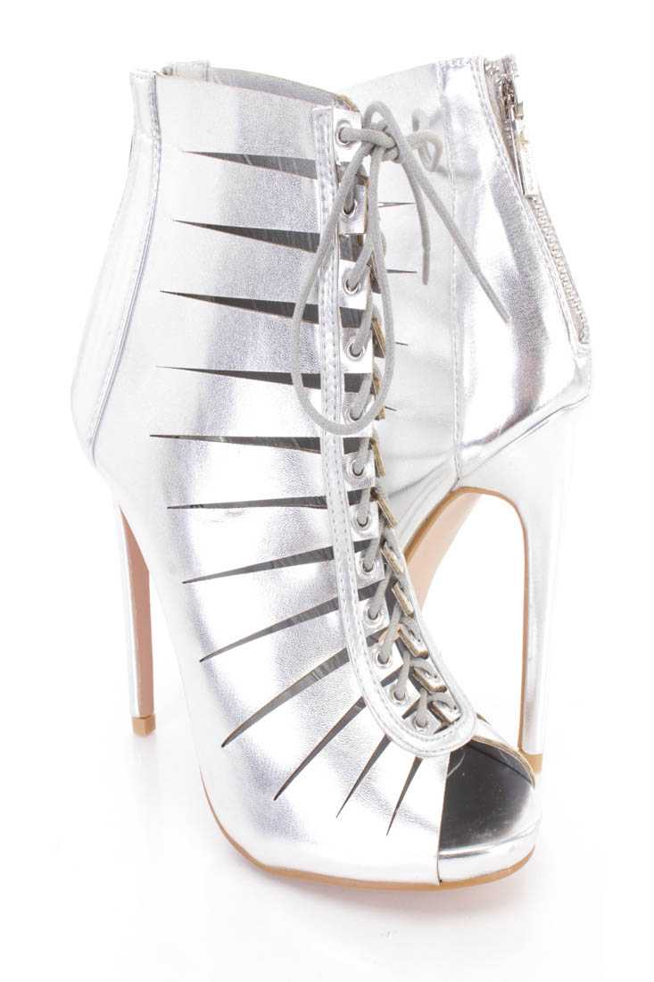 Silver Lace Up Razor Cuts High Heel Booties Faux Leather