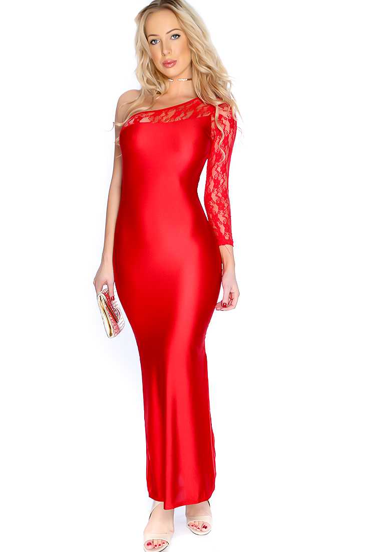 Sexy Red One Shoulder Floral Lace Long Sleeve Maxi Dress
