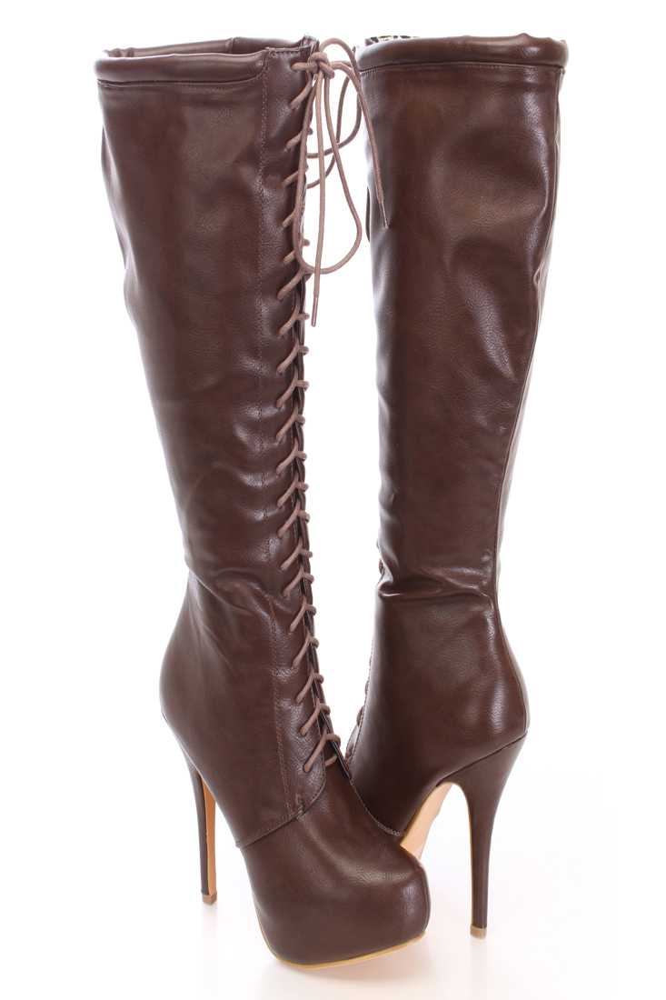 Brown Knee High Lace Up Boots Faux Leather
