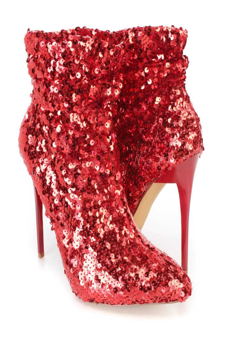 Red Pointed Toe Stiletto Heel Booties Sequin