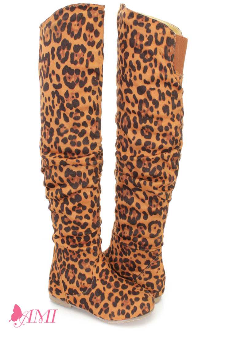 Leopard Slouchy Shaft Thigh High Boots Faux Suede