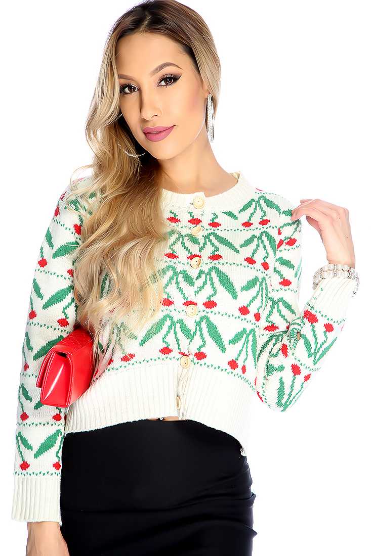 White Green Long Sleeve Cherry Pattern Cardigan