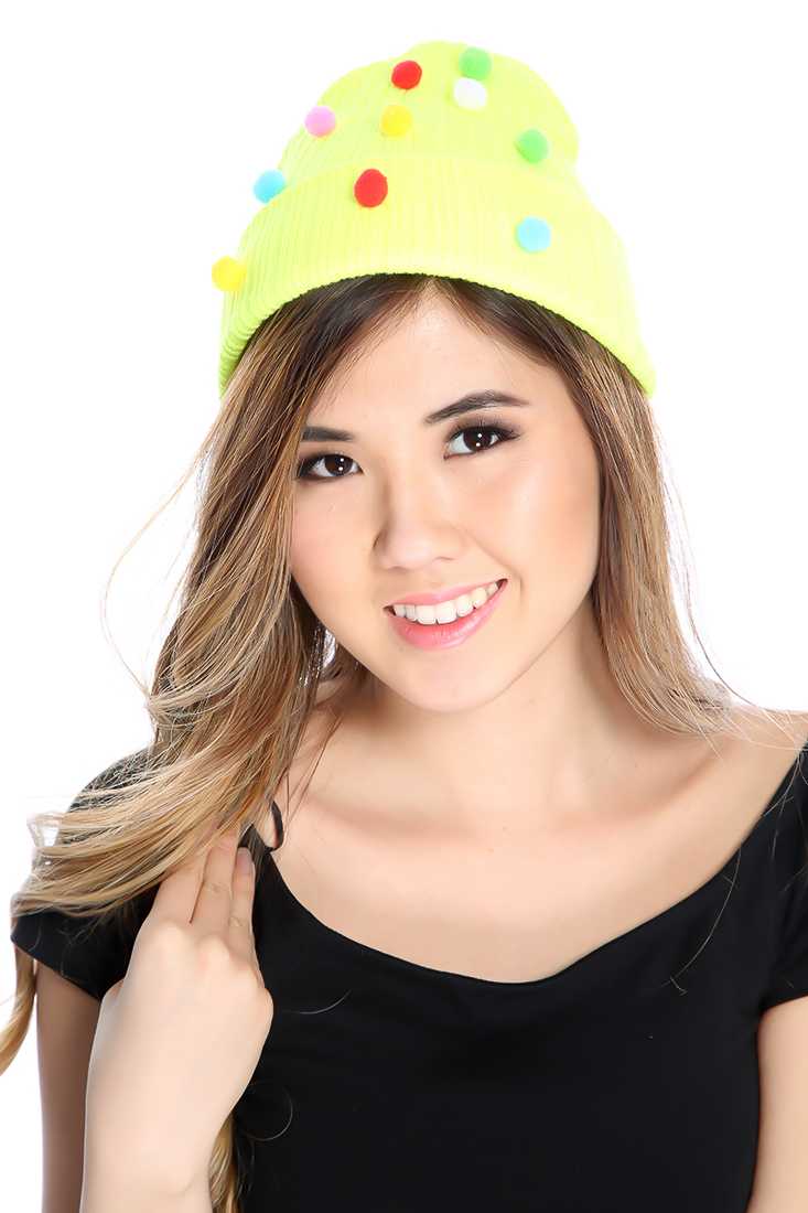 Neon Yellow Attached Pom Pom Ribbed Beanie