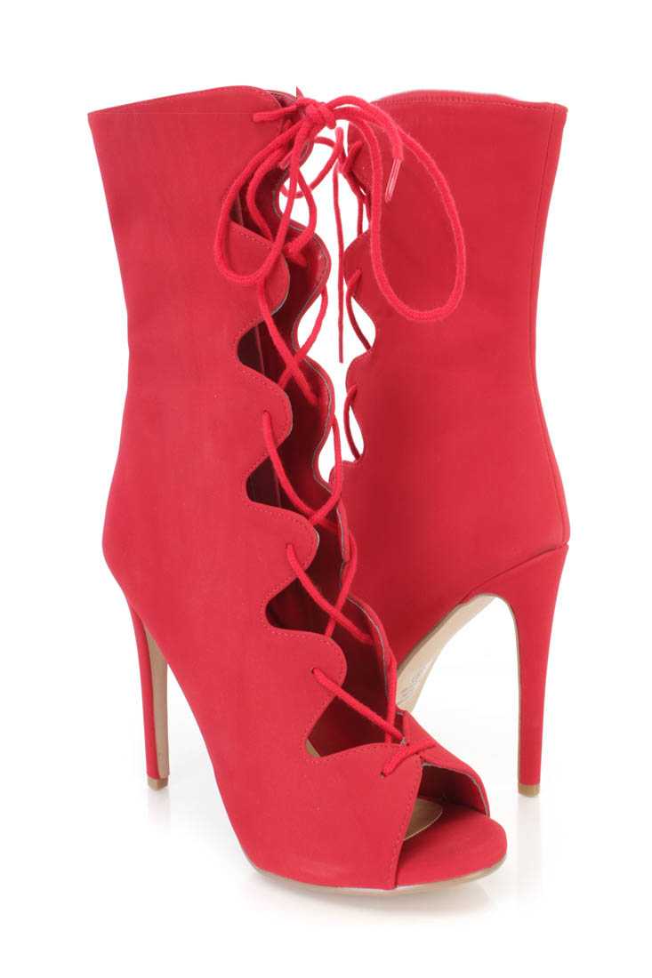 Lipstick Lace Up Tie Single Sole High Heel Boots Nubuck