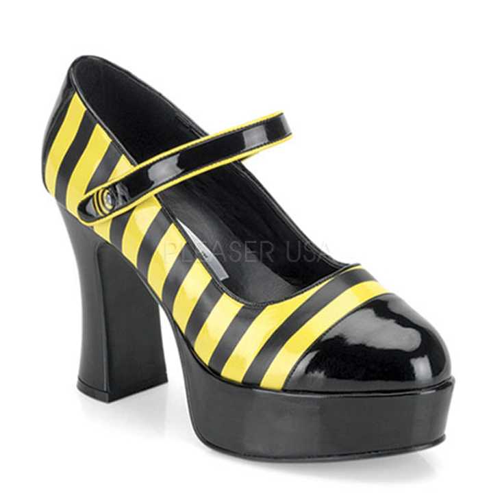 Black Yellow Bumble Bee Maryjane Chunky High Heels