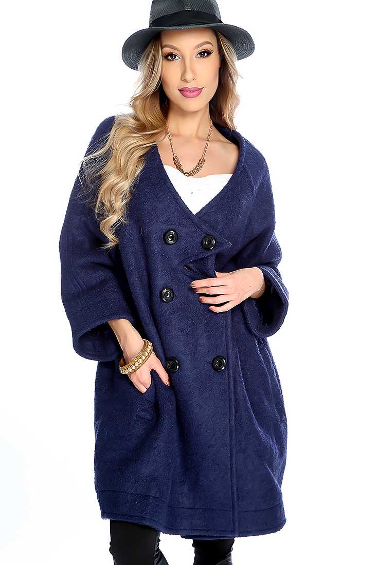Navy Long Sleeve Button Up Coat