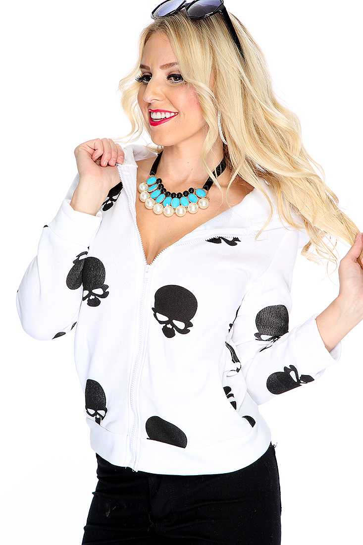 White Skull Print Zip Hooded Sweater