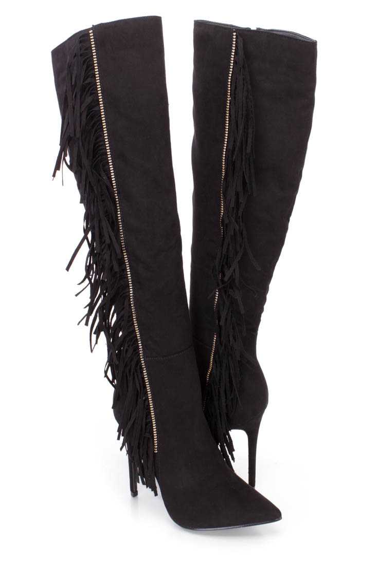 Black Fringe Single Sole High Heel Boots Faux Suede