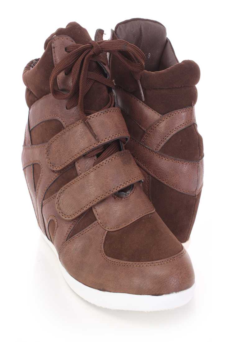 Brown Lace Up Sneaker Wedges Faux Leather Suede