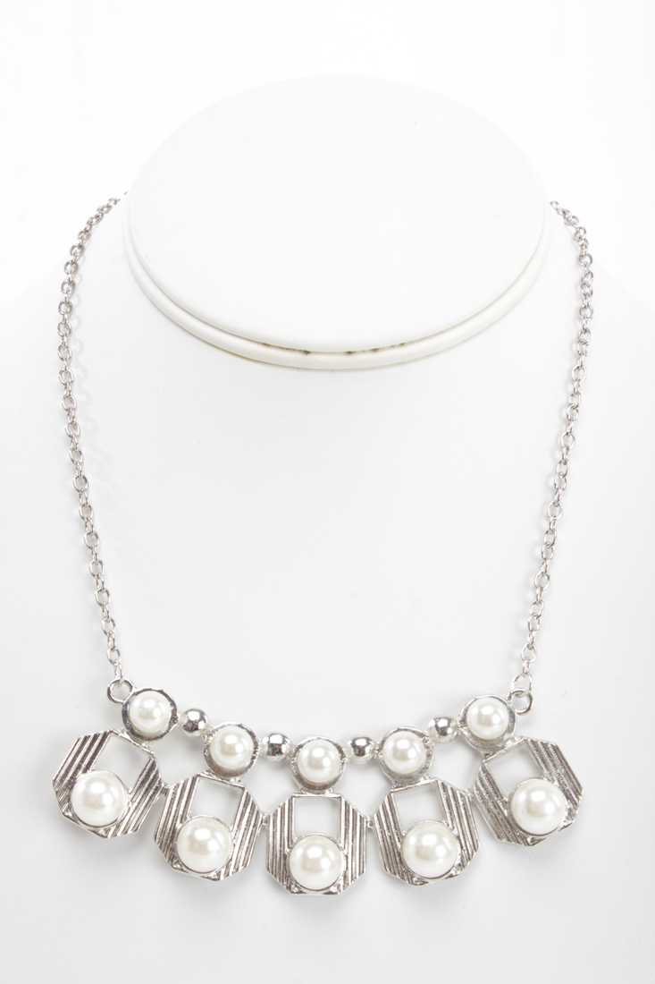 Silver High Polish Faux Pearl Cut Out Necklace