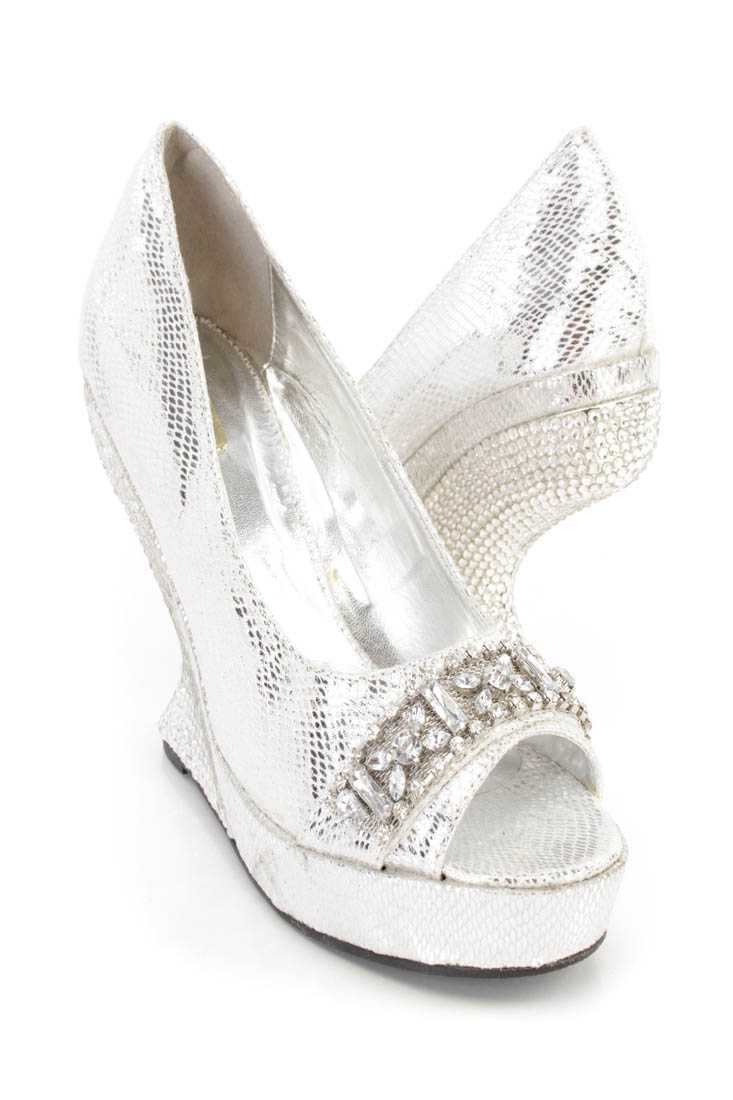 Silver Gemstone Rhinestone Curved Wedges Faux Leather