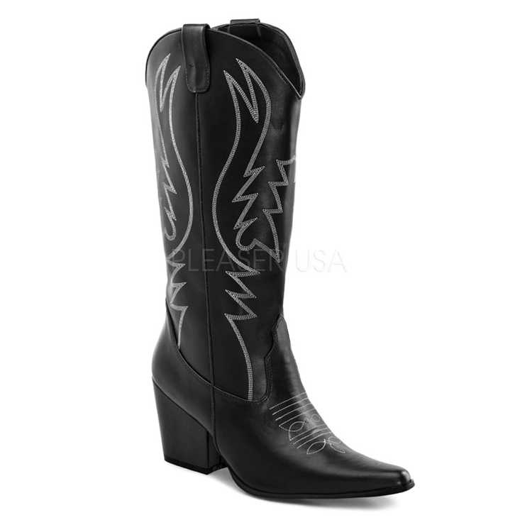 Black Faux Leather Stitched Cowboy Boots