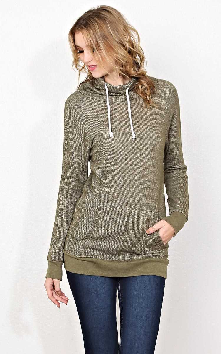 Cowl Neck Tery Pullover - SML - Olive/Drab in Size Small by Styles For Less