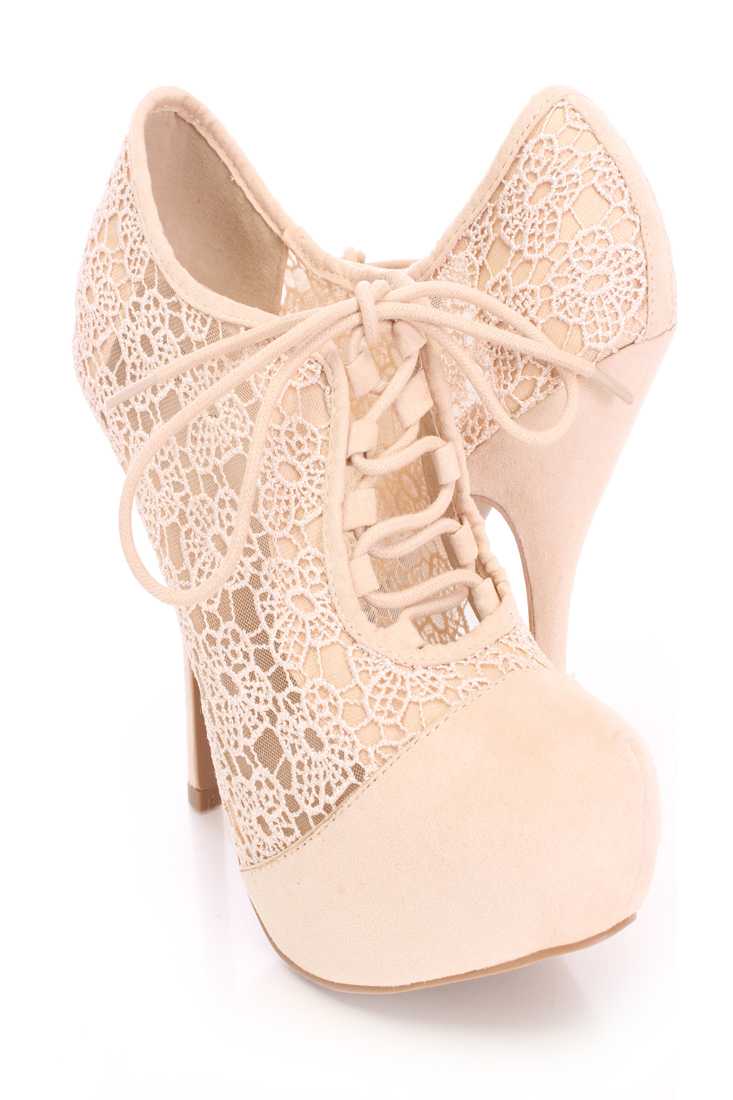 Nude Crochet Lace Up Booties Faux Suede