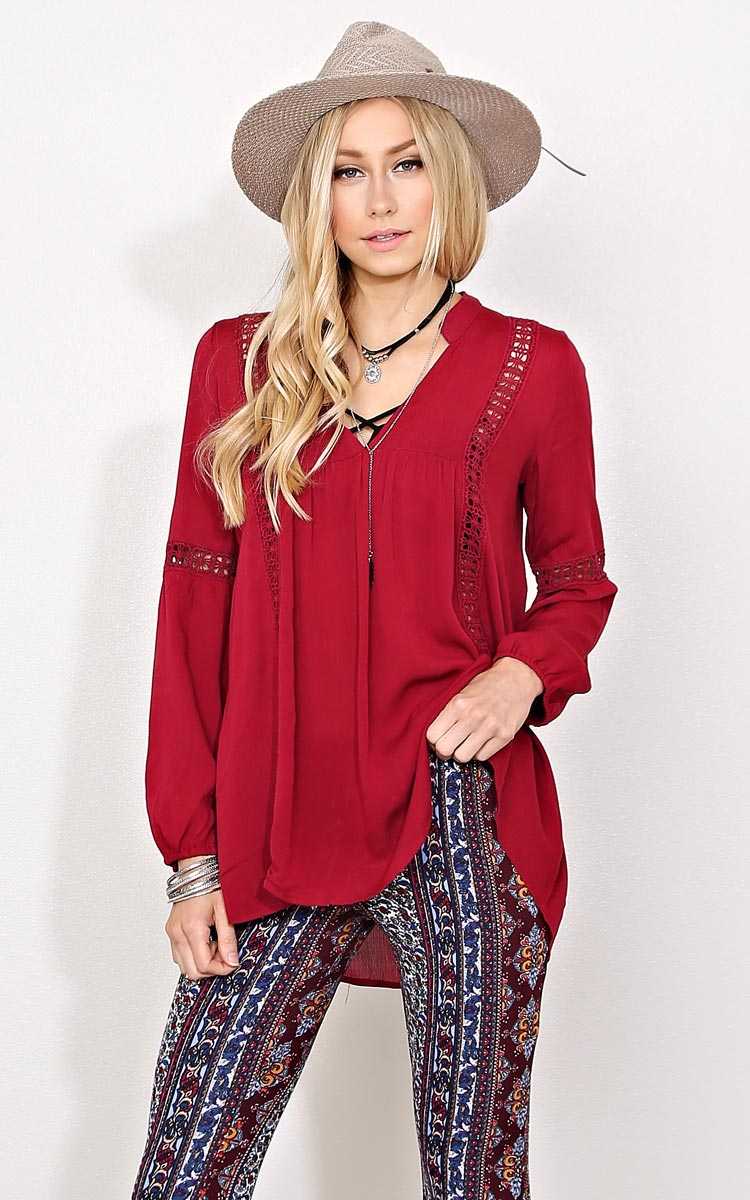 Charisma Woven Gauze Top - SML - Burgundy in Size Small by Styles For Less