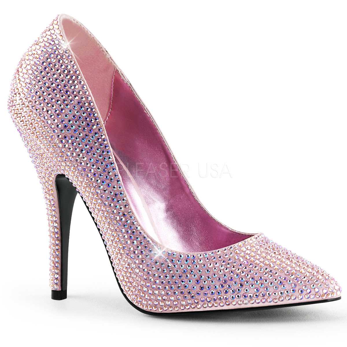Baby Pink Rhinestone Single Sole Pump High Heels Satin