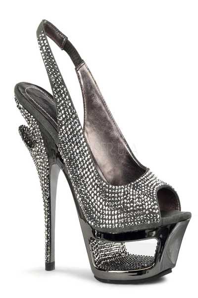Dark Grey Suede Rhinestones Cut-Out Platform Sling-Back Sandal Heel