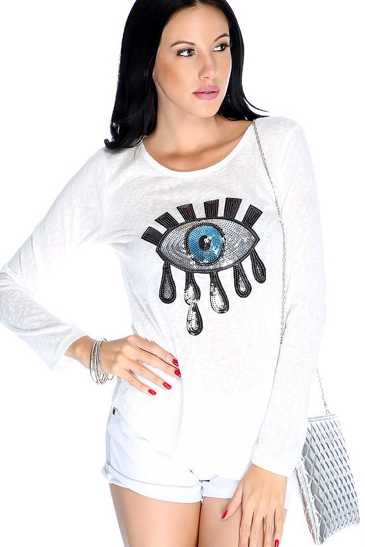 White Long Sleeve Sequin Eye Burnout Knit Causal Top