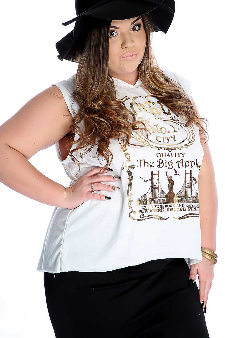 White Metallic Graphic Razor Cut Hooded Casual Plus Size Top