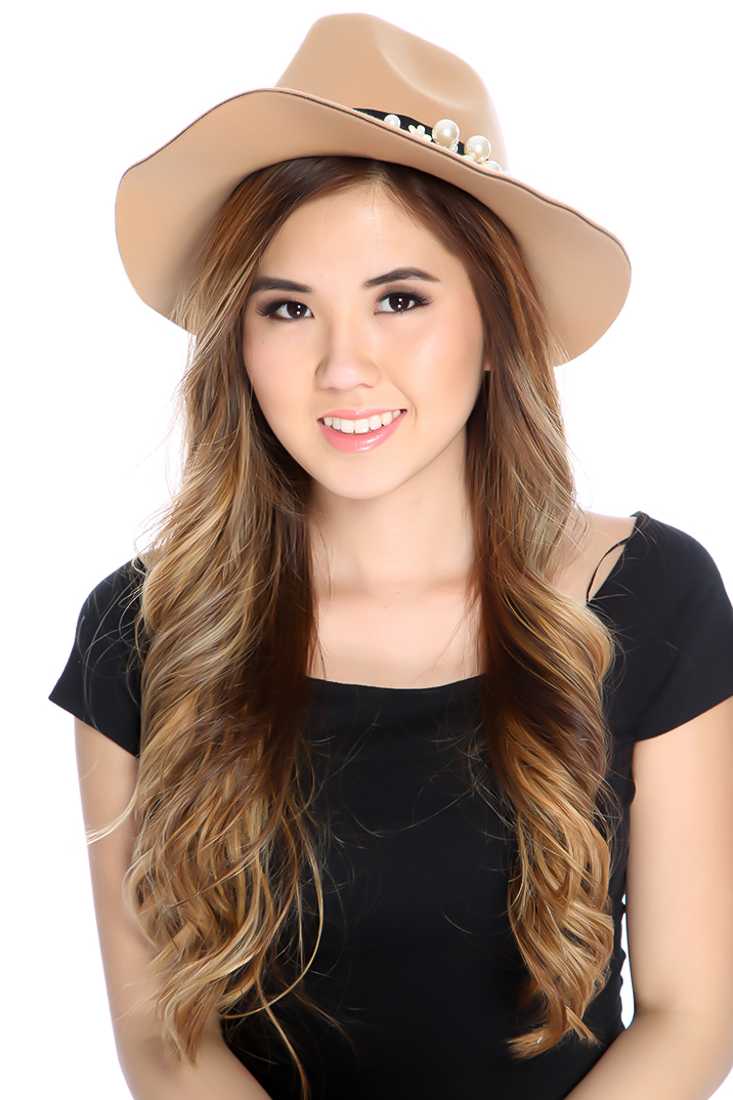 Tan Faux Pearl Detailing Panama Hat