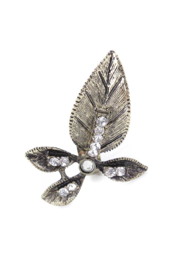 Vintage Gold Rhinestone Feather Detail Ring