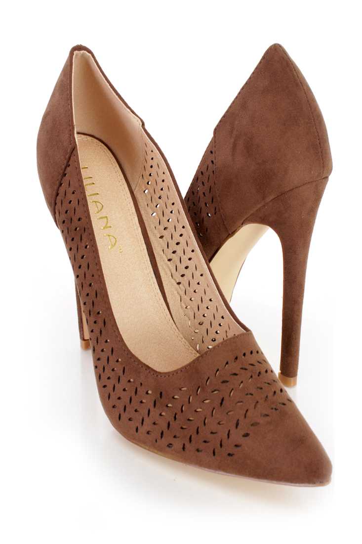 Brown Perforated Single Sole Pump High Heels Faux Suede