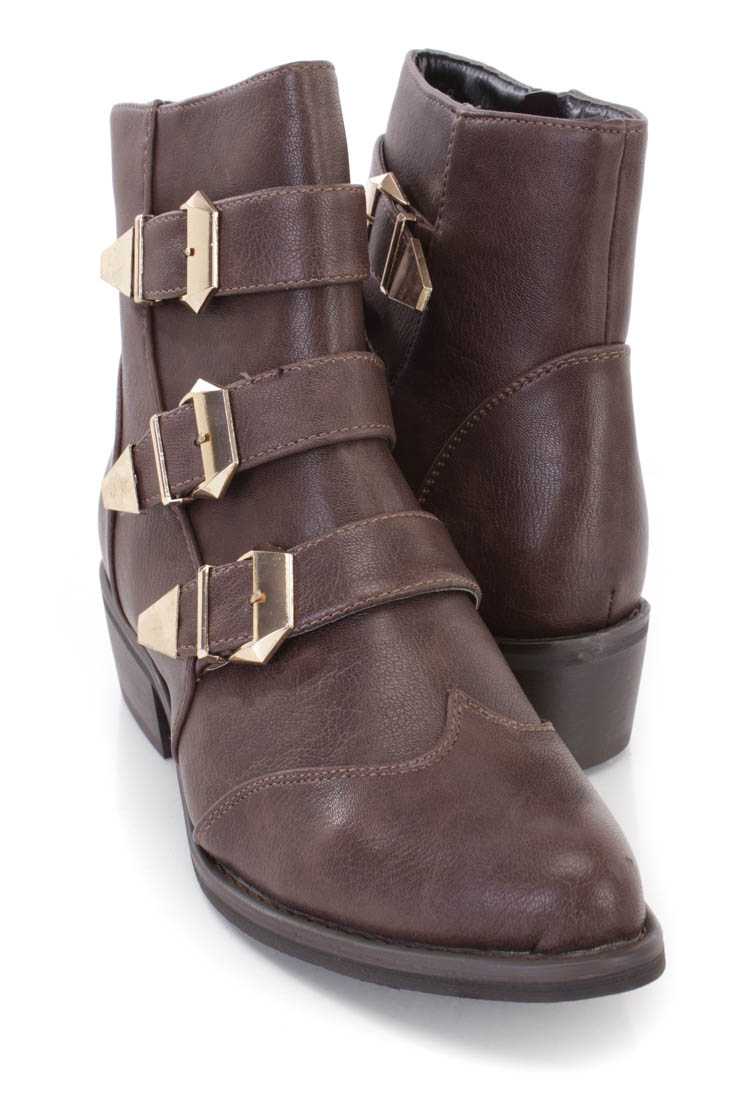 Brown Buckle Strappy Ankle Booties Faux Leather