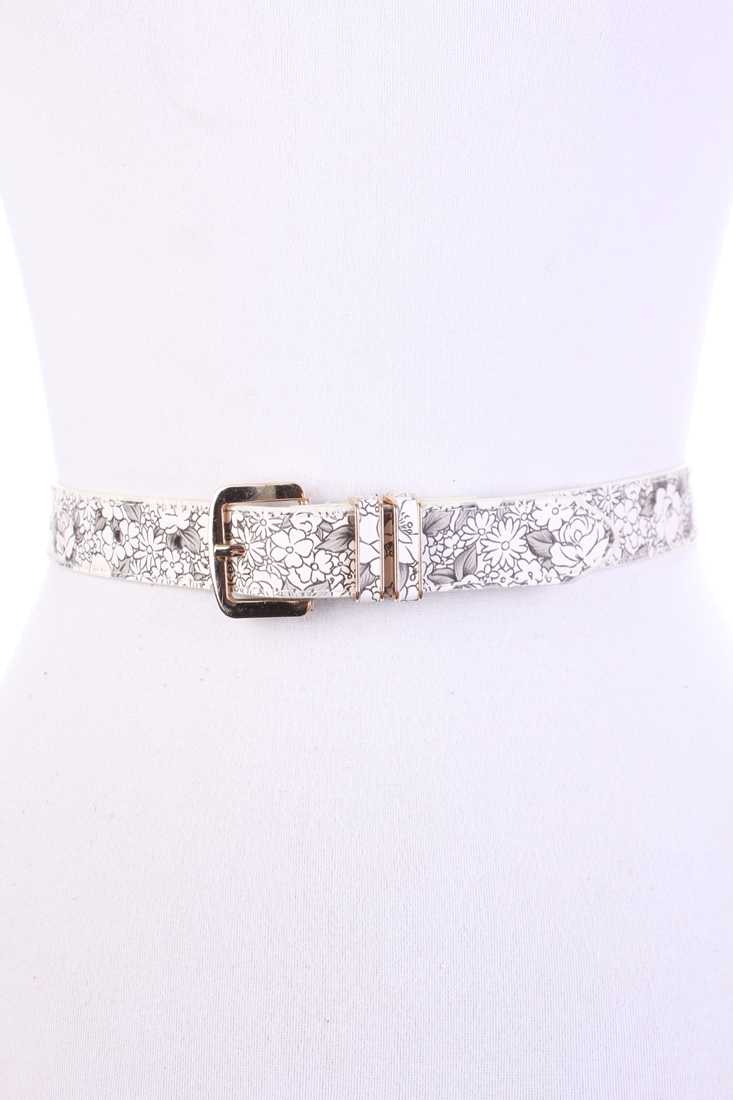 White Detailed Floral Design Print Faux Leather Belt