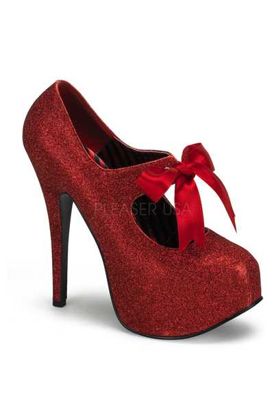 Red Glitter Bow Tie Mid Strap Platform High Heels