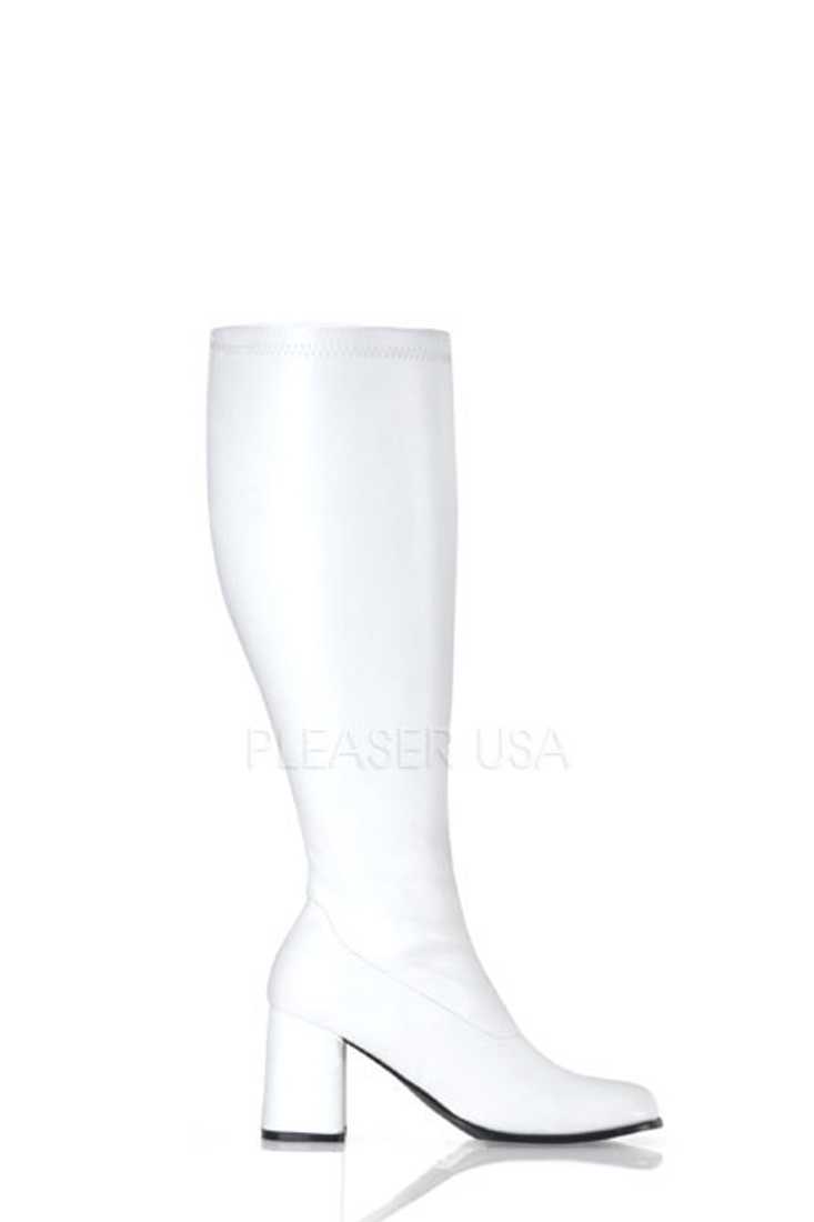 White Wide Calf Chunky Heel GoGo Boots Faux Leather