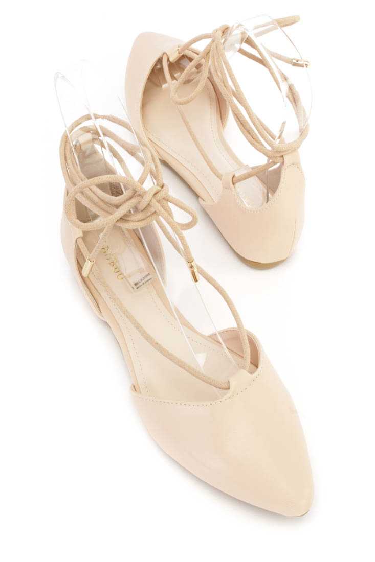 Nude Wrap Around String Tie Flats Faux Leather