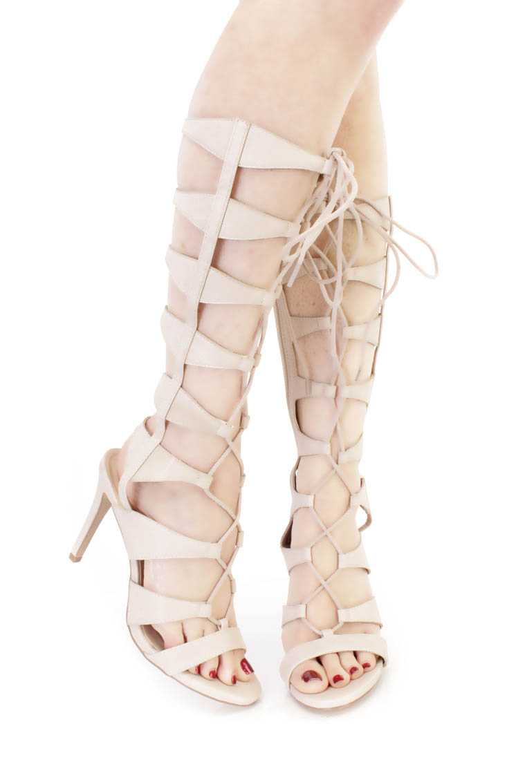 Stone Strappy Single Sole Gladiator High Heels Faux Leather