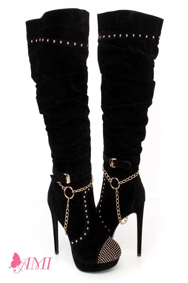 Black Slouchy Studded Knee High Heel Boots Faux Suede