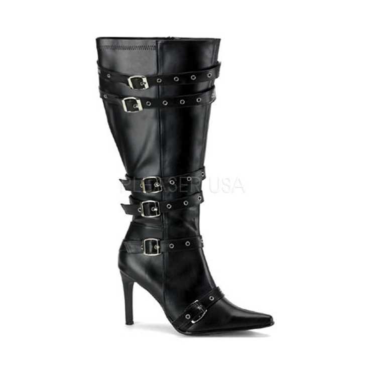 Black Faux Leather Pointy Toe Buckle Straps Knee High Boots AMI+