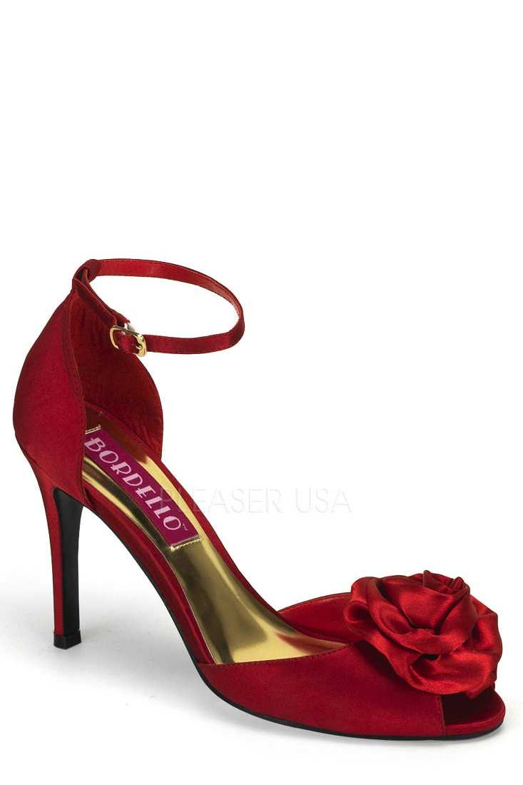 Red Rose Bud Peep Toe Single Sole High Heels Satin