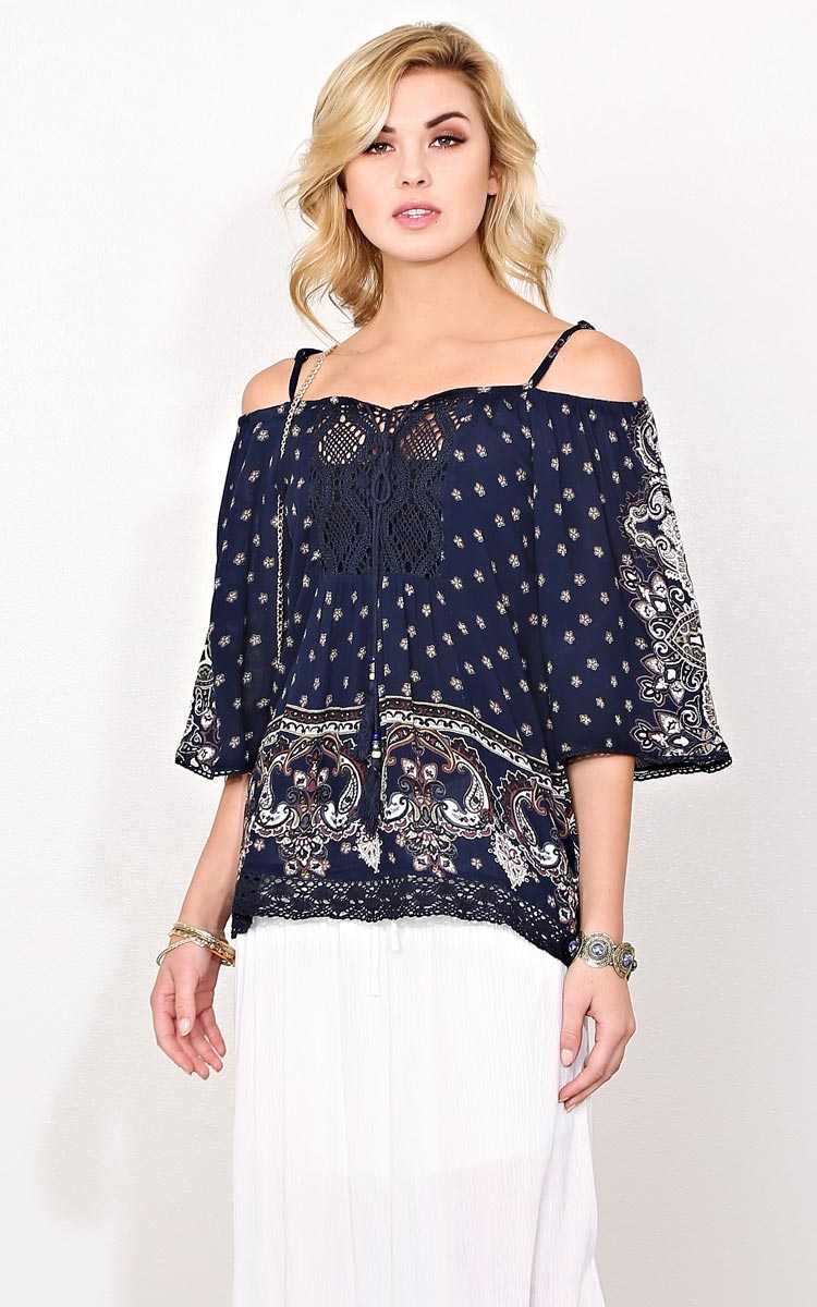 Floral Grace Woven Gauze Top - - Navy in Size by Styles For Less