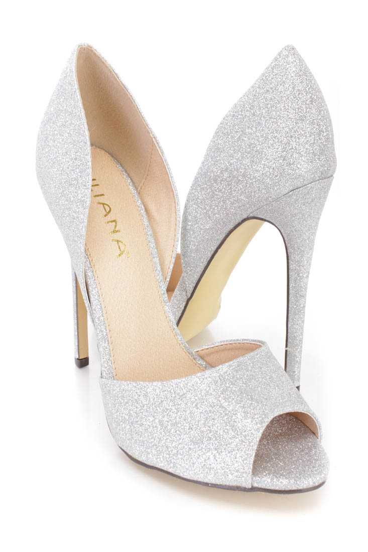 Silver Peep Toe Single Sole Heels Glitter