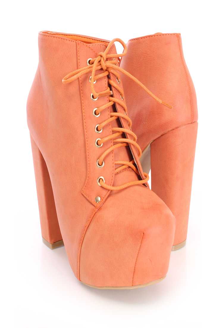 Orange Lace Up Platform Booties Faux Leather