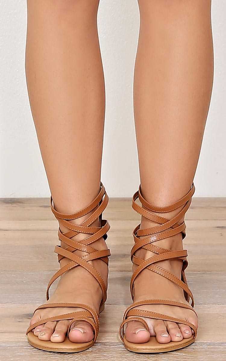 QUPID Strappy Gladiator Sandals - Camel in Size by Styles For Less