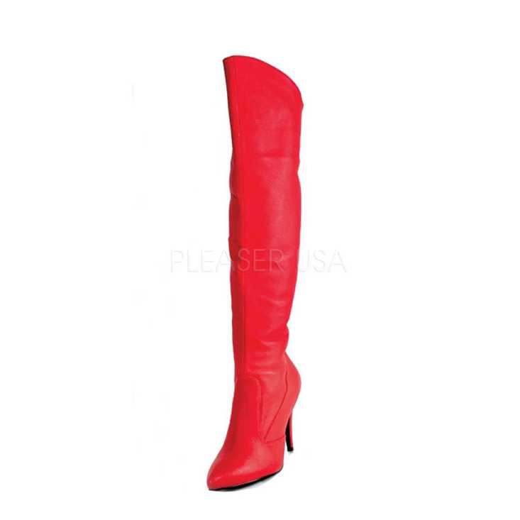 Red Leather Closed Toe Knee High Boots