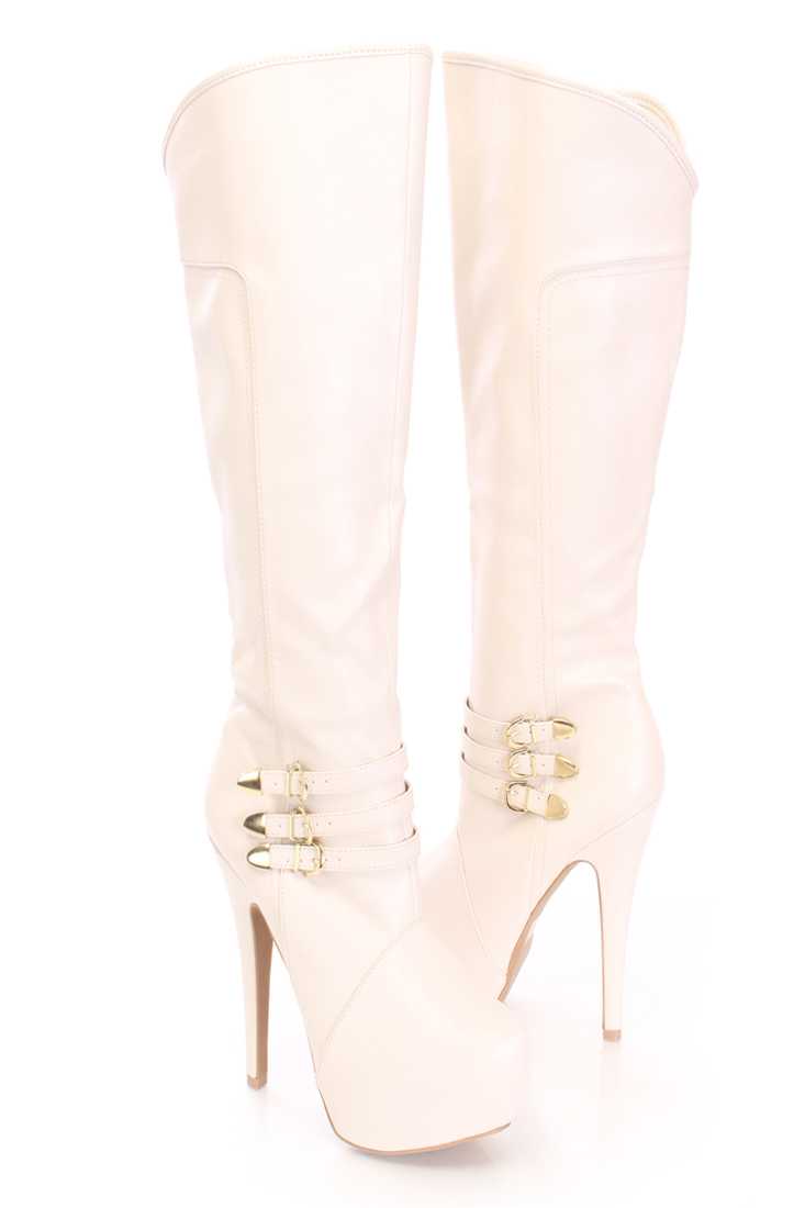 Stone Strappy Buckle Knee High Boots Faux Leather